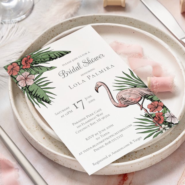Invitación Tropical Floral Flamingo Amarillo Bridal Shower (Elegant Tropical Bridal Shower Design. Hand-Drawn Pink Flamingo, Hibiscus Flowers, Tropical Greenery)