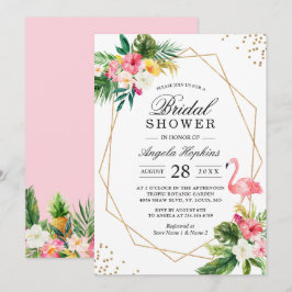 Invitación Tropical Floral Gold Frame Flamingo Bridal Shower