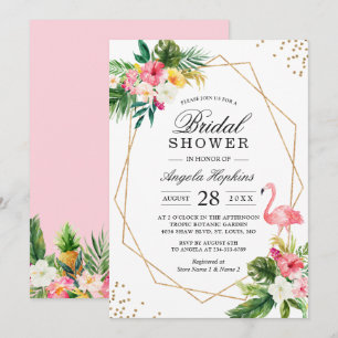 Invitación Tropical Floral Gold Frame Flamingo Bridal Shower