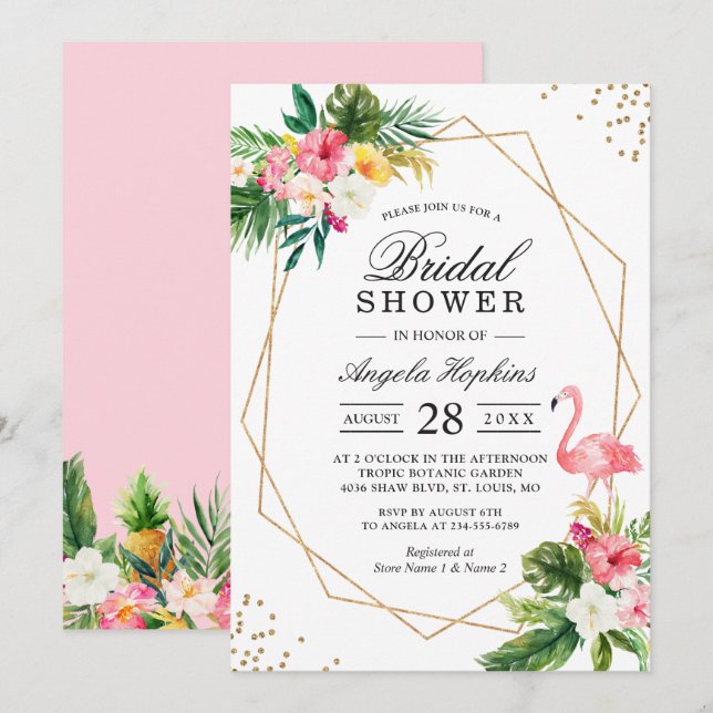 Invitación Tropical Floral Gold Frame Flamingo Bridal Shower (Anverso / Reverso)