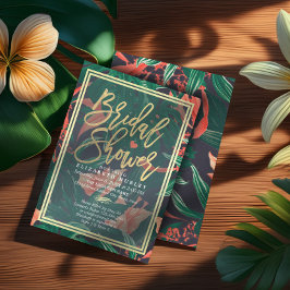 Invitación Tropical Floral Gold Frame Hawaiian Bridal Shower