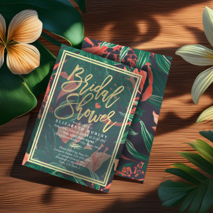 Invitación Tropical Floral Gold Frame Hawaiian Bridal Shower