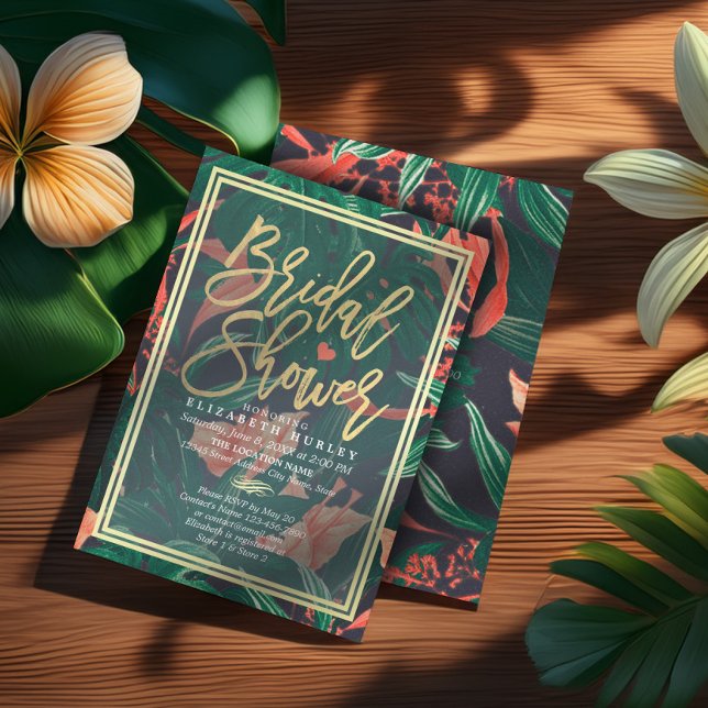 Invitación Tropical Floral Gold Frame Hawaiian Bridal Shower (Subido por el creador)