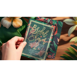 Invitación Tropical Floral Gold Frame Hawaiian Bridal Shower