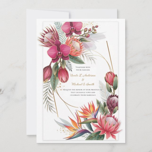 Invitación Tropical Floral Paradise Botanical Gold Wedding  (Anverso)