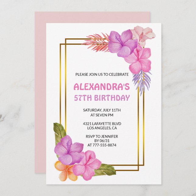 Invitación Tropical Floral Pink Luxury 57º cumpleaños (Anverso / Reverso)