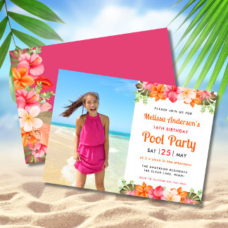 Invitación Tropical Floral Swimming Pool Party Birthday Pink