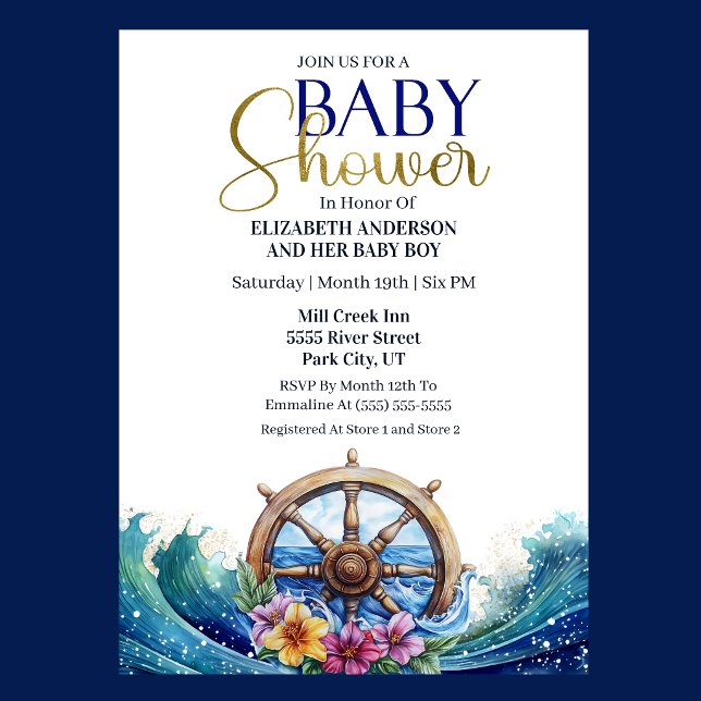 Invitación Tropical Flower Sailing Wheel Boy Baby Shower (Nautical Baby Shower invitation with ship wheel, ocean waves, and tropical flowers )
