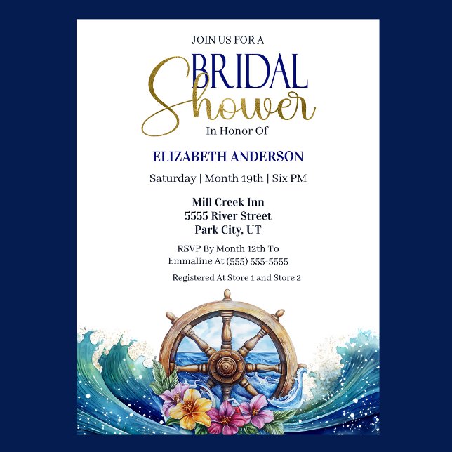 Invitación Tropical Flower Sailing Wheel Bridal Shower (Nautical Bridal Shower invitation with ship wheel, ocean waves, and tropical flowers )