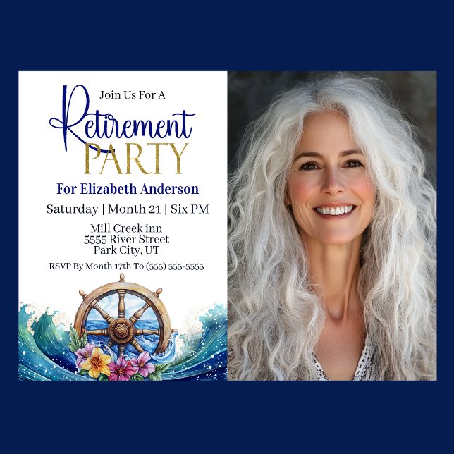 Invitación Tropical Flower Sailing Wheel Retirement Party (Nautical Retirement Party invitation with ship wheel, ocean waves, and tropical flowers )