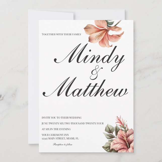 Invitación Tropical Flowers Black and White Script Wedding (Anverso)