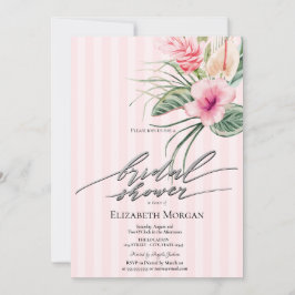 Invitación Tropical Flowers Pink Stripes Bridal Shower