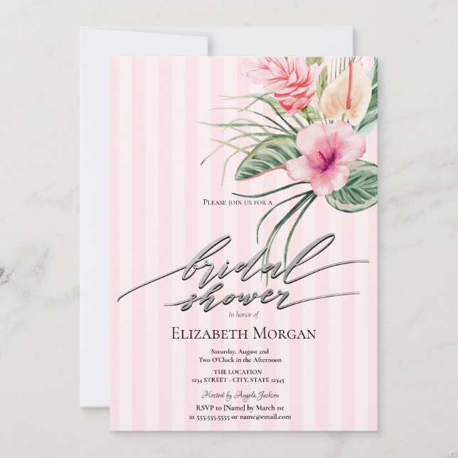 Invitación Tropical Flowers Pink Stripes Bridal Shower (Anverso)
