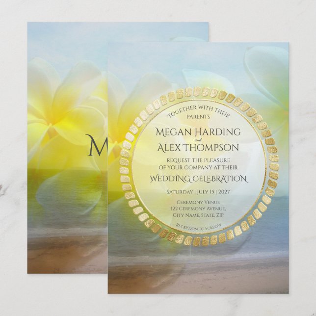 Invitación Tropical Frangipani Modern Beach Elegant Wedding (Anverso / Reverso)