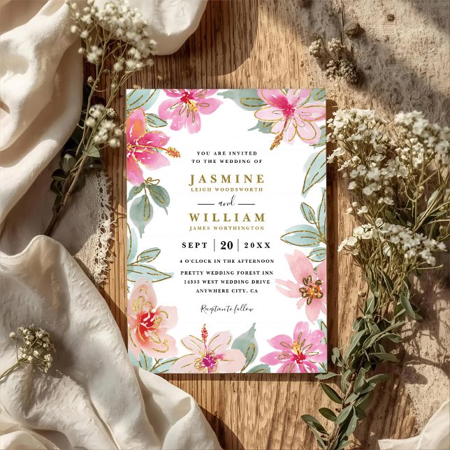 Invitación Tropical Glitter Flowers Elegant QR Code Wedding (Subido por el creador)