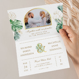 Invitación Tropical Gold Monstera Palm Photo QR Code Wedding