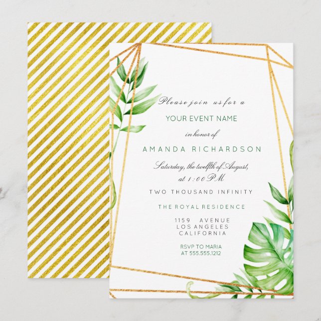 Invitación Tropical Gold Poligonal Frame Stripes Líneas Verde (Anverso / Reverso)