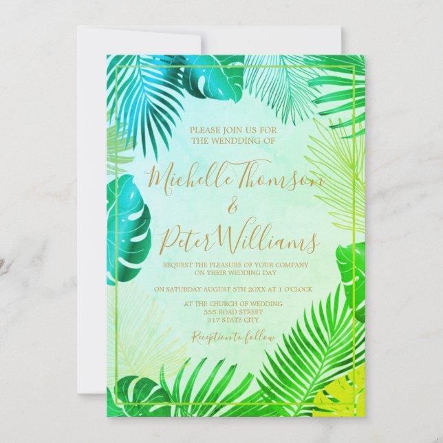 Invitación tropical gold watercolor wedding (Anverso)