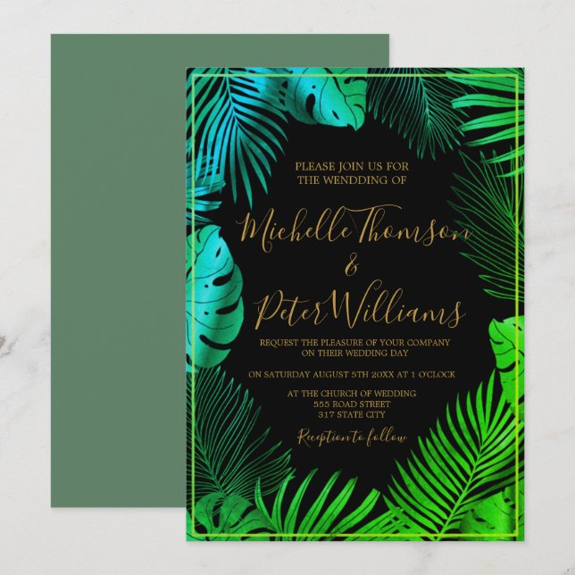 Invitación tropical gold watercolor wedding (Anverso / Reverso)