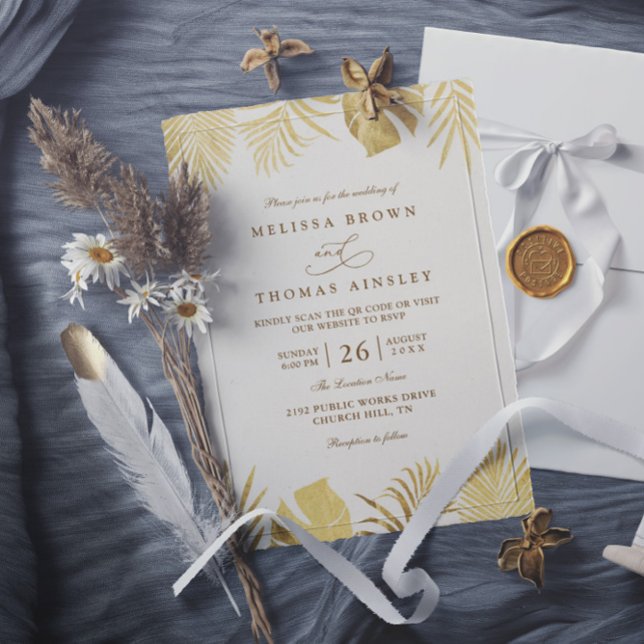 Invitación Tropical Golden Paradise Elegant QR Code Wedding (Subido por el creador)
