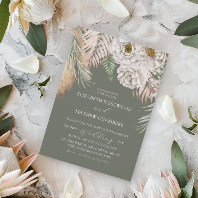 Invitación Tropical Green Pampas Grass & Floral Wedding (Subido por el creador)