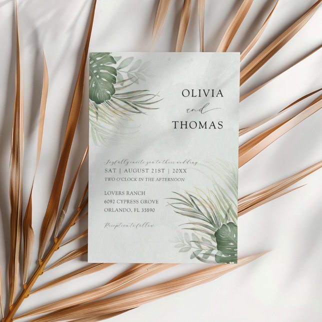 Invitación Tropical Green Watercolor Palm Leaves Wedding (Subido por el creador)