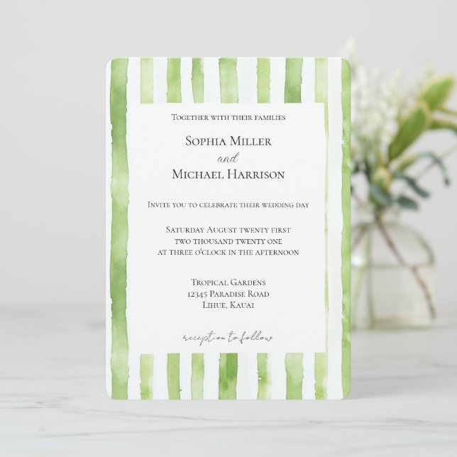 Invitación Tropical Green White Stripes Wedding (Anverso de pie)