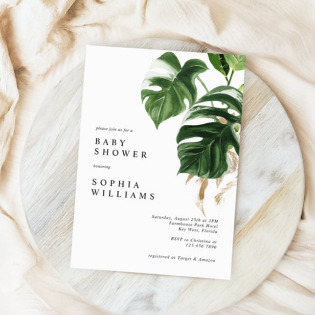 Invitación Tropical Greenery Leaves Modern Baby Shower (Subido por el creador)