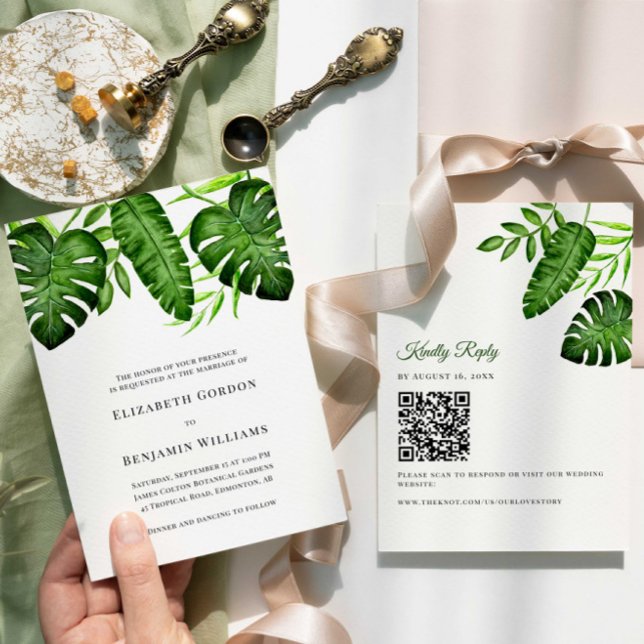 Invitación Tropical Greenery Wedding QR Code RSVP Botanical (Subido por el creador)