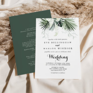Invitación Tropical Greenery White Front & Back Wedding 