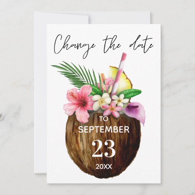 Invitación Tropical hawaiano floral coco cambiar la fecha (Anverso)