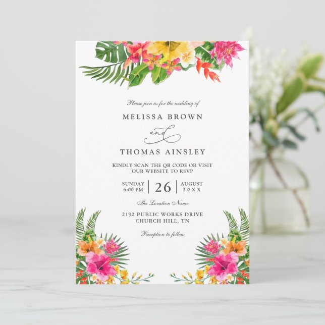 Invitación Tropical Hibiscus Floral Elegant QR Code Wedding (Anverso de pie)