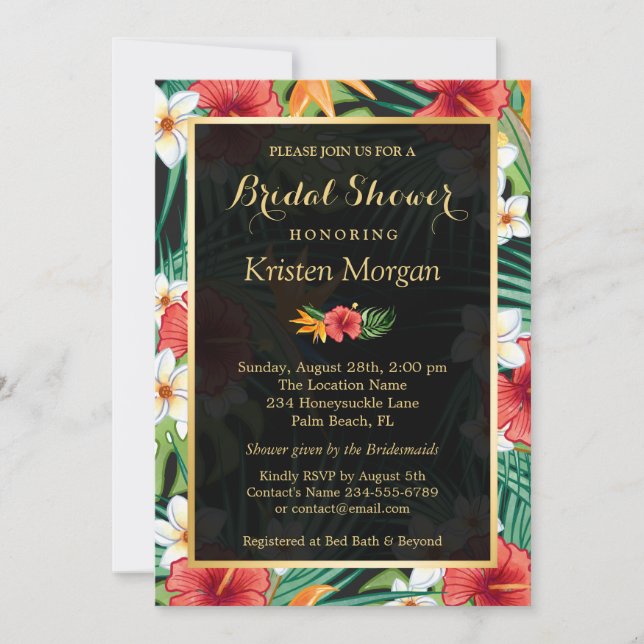 Invitación Tropical Hibiscus Floral Gold Frame Bridal (Anverso)