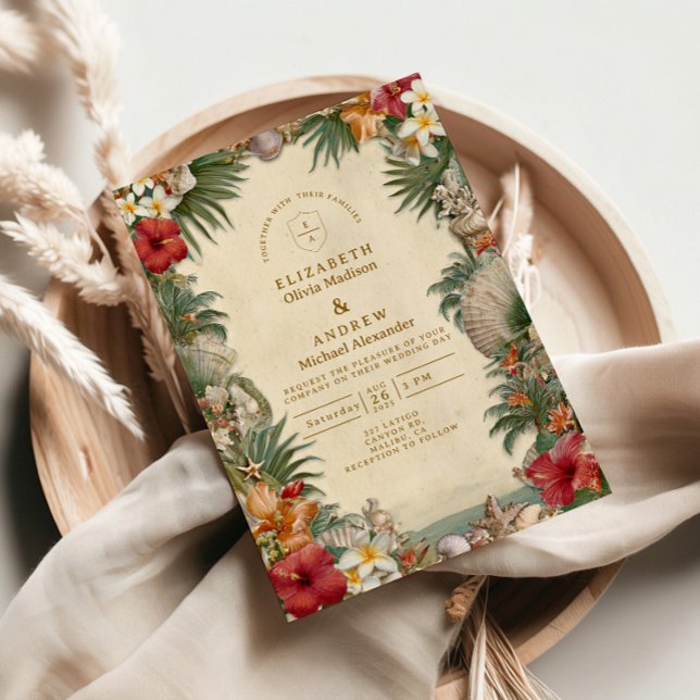 Invitación Tropical Hibiscus Seashell Wedding (Subido por el creador)