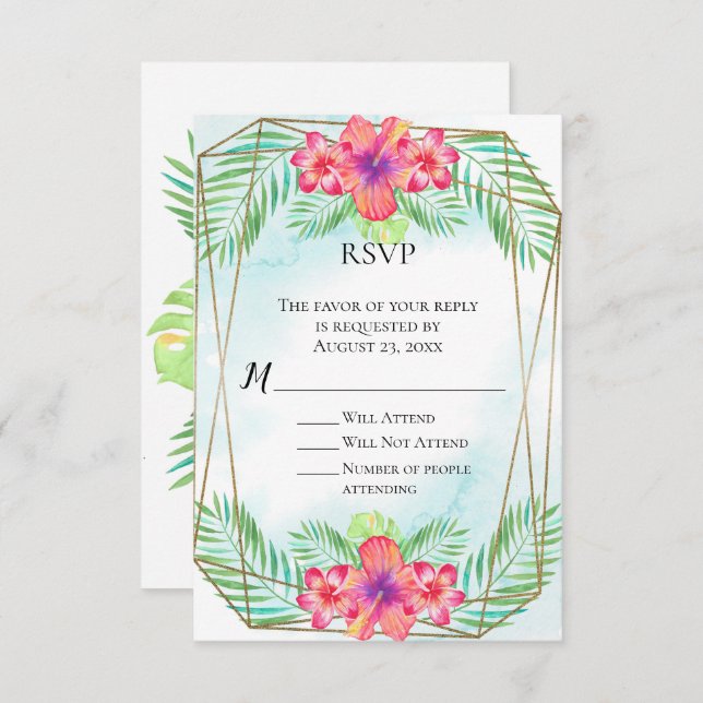 Invitación Tropical Hibiscus Watercolor Beach Wedding RSVP (Anverso / Reverso)