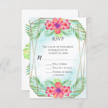 Tropical Hibiscus Watercolor Beach Wedding RSVP