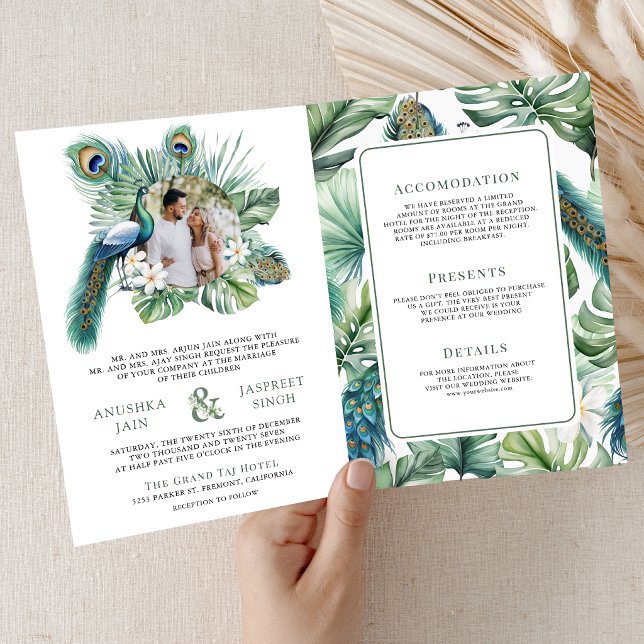 Invitación Tropical Indian Peacock Floral All in One Wedding (Subido por el creador)