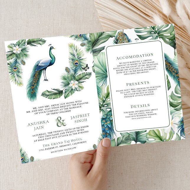 Invitación Tropical Indian Peacock Floral All in One Wedding (Subido por el creador)