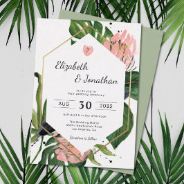 Invitación Tropical jungle pink flower & leaves floral modern