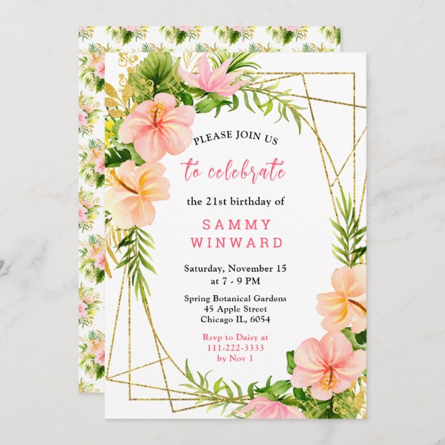 Invitación Tropical Jungle with Foliage Birthday (Anverso / Reverso)