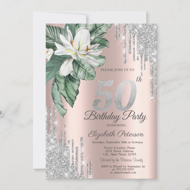 Invitación Tropical Leaf Magnolia Gotea Rosa Dorado 50º (Anverso)