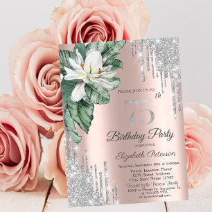 Invitación Tropical Leaf Magnolia Rose Gold Drips 75º