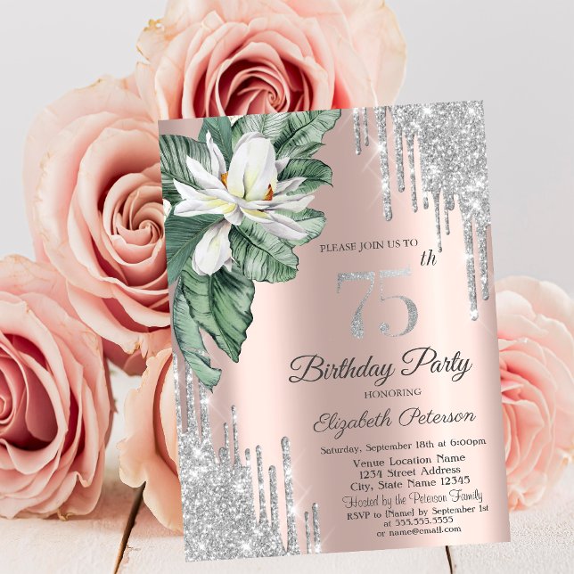 Invitación Tropical Leaf Magnolia Rose Gold Drips 75º  (Subido por el creador)
