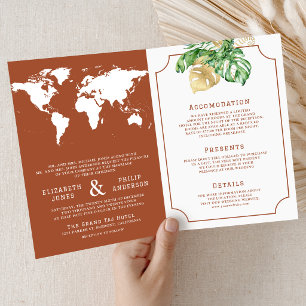 Invitación Tropical Leaves Terracotta Mapa Todo en Uno Boda