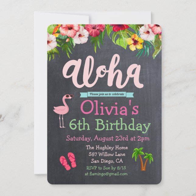 INVITACIÓN TROPICAL LUAAU ALOHA CUMPLEAÑOS PARA CU (Anverso)