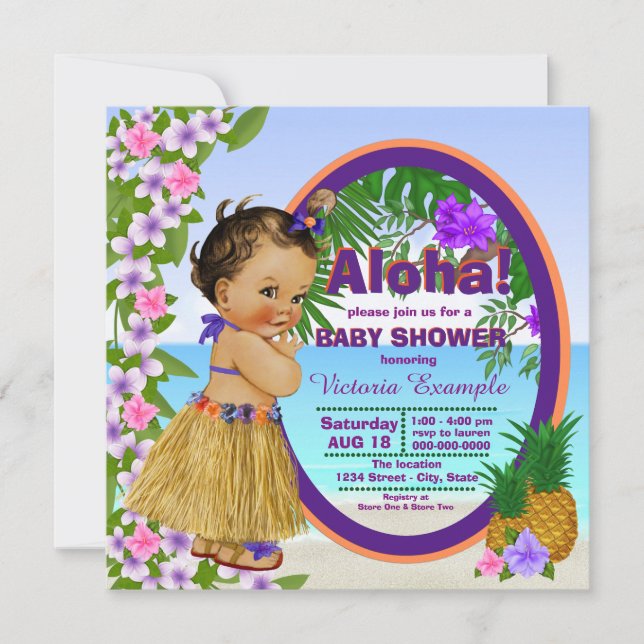Invitación Tropical Luau Hwaiian Hula Chica Baby Shower (Anverso)