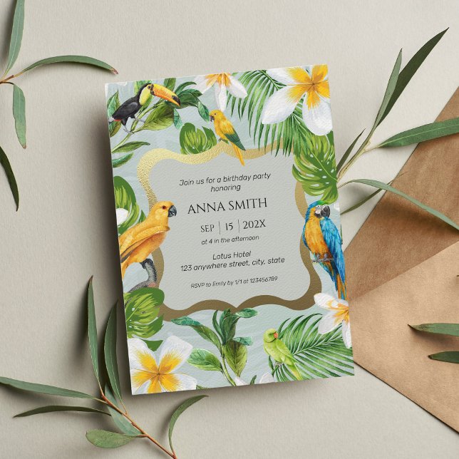 Invitación Tropical Luau Parrots Plumeria Fiesta de Cumpleaño (Subido por el creador)