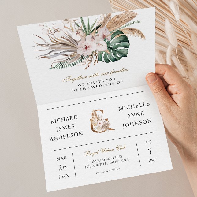 Invitación Tropical Monstera Boho Pampas QR Code Wedding (Subido por el creador)