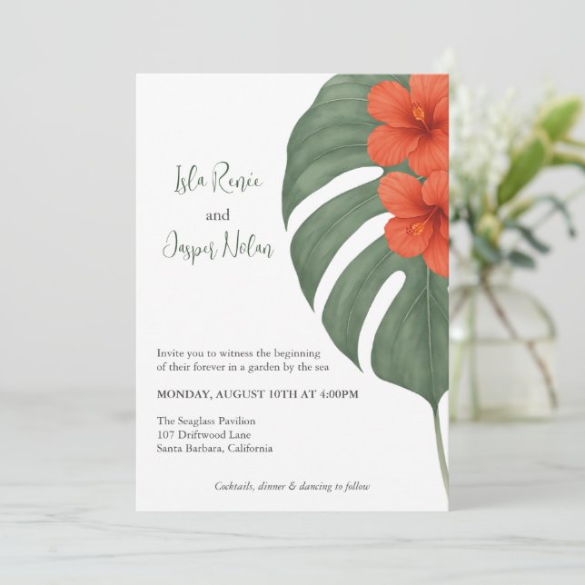 Invitación Tropical Monstera & Hibiscus Wedding (Anverso de pie)
