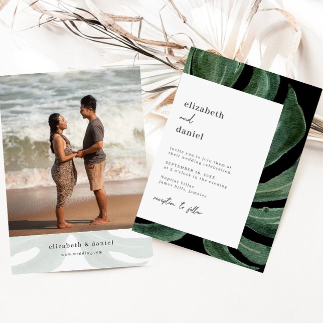 Invitación Tropical Monstera Leaf Destination Wedding Photo (Subido por el creador)